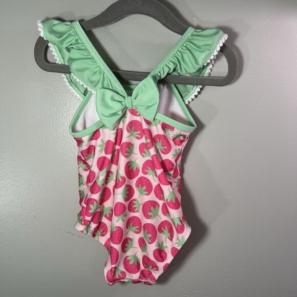Floatimini Girls One Piece Swimsuit, pink w/ Berry Pattern&Green Trim, size 18M - Picture 2 of 4